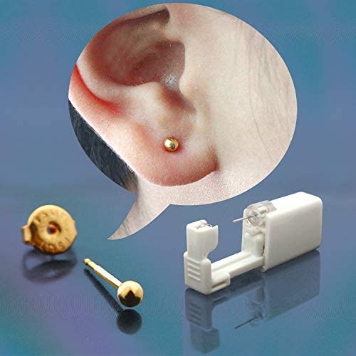 Self Ear Piercing Gun Kit 3mm Gold Peas Disposable Easy Use No Pain Piercing Tool with Stud & Alcohol Pads - 2 Pack