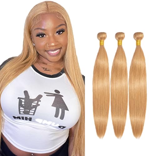 #27 Honey Blonde Straight Human Hair Bundles - 3 Pack, 26-30 Inch