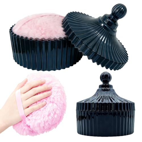 Body Powder Puff and Container Extra Large, 6" Crystal Glass Storage Jars with Oversize Dustproof Lid for Loose Powder with Soft Washable Reusable Fluffy Puff Perfect for Skin Care (Black)