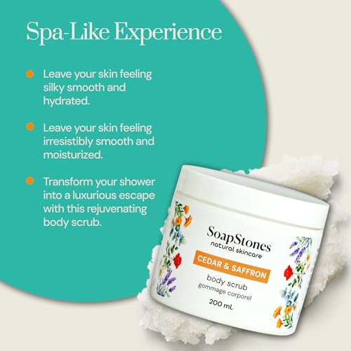 Soapstones Cedar and Saffron Exfoliating Body Scrub - 200 mL - Gentle and Soothing with Safflower Seed Oil - Woodsy, Spicy Aroma Infused Body Scrub Exfoliator