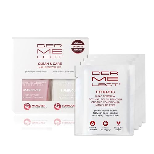 Dermelect Clean & Care Nail Renewal Kit ? Nailcare Treatment Set with Ridge Filler, Nail Brightener & Polish Remover Wipes ? Strengthens, Brightens & Restores Damaged, Discolored, Weak Nails