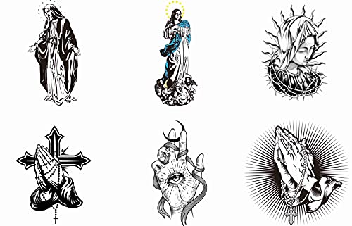 Temporary Tattoos Virgin Mary Praying Hands Cross 6 Sheets