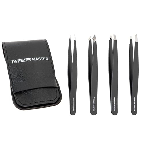 ? Professional Tweezer Set [Black] ? Stainless Steel Slant & Pointed Tips for Eyebrow & Facial Hair Removal ? Rust-Resistant Grooming Tool with Travel Case