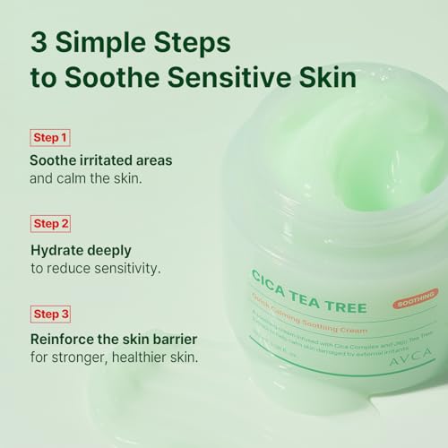 AVCA Quick Calming Cica Tea Tree Cream 100ml(3.38 fl. oz) ? Soothing Moisturizer for Sensitive, Redness-Prone Skin, Lightweight Hydrating Gel, K-Beauty