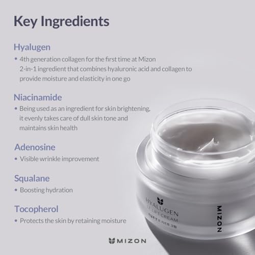 MIZON Hyalugen Le Lift Cream with Hyaluronic Acid and Marine Collagen Deep Hydration Total Care Youthful Skin Revitalizing Korean Skincare (1.69 oz)