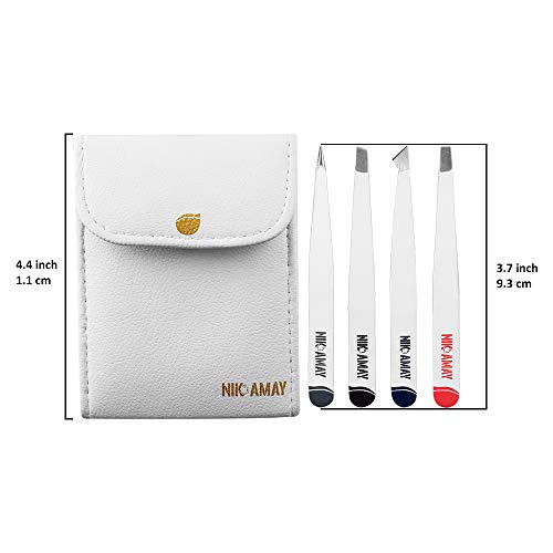 4-Piece Tweezers Set for Women ? Precision Stainless Steel Eyebrow Tweezers with Slant, Pointed & Flat Tips for Ingrown Hair ? Professional Grooming Kit with Travel Case