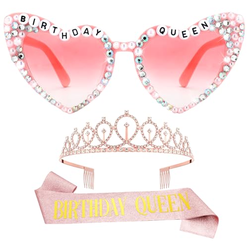 Birthday Queen Sash Set with Rhinestone Tiara & Glasses