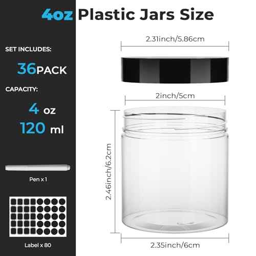 Keketin 36 Pack Plastic Jars with Black Lids 4 oz, 120ml Round Cosmetic Containers Jars with Screw Lids,Empty Plastic Containers Slime Jar for Cream,Ointments,Lotions,Food Storage,Art Crtafts