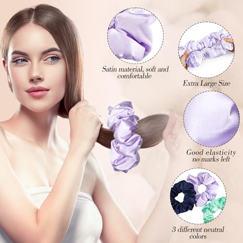 Oversized Satin Scrunchies for Thick Curly Hair - No-Crease Hair Ties (3 Pack)