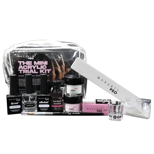 MakarttPro Mini Acrylic Nail Kit for Beginner Nail Technicians 12pcs - Starter Set with Pink & Clear Acrylic Powders, EMA Monomer, Kolinsky Brush and Nail Essentials