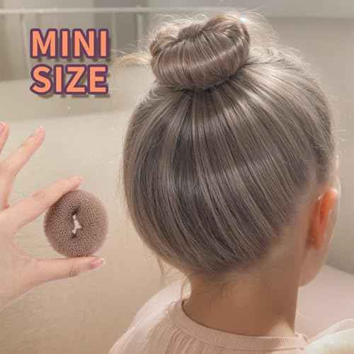 FANDAMEI Donut Bun Makers- 4PCS Extra Small 4 PCS Small Hair Bun Maker for Kids, Ballet Bun Donuts for Hair, with 5 Elastic Hair Ties and 40 Pins (Tan Brown)