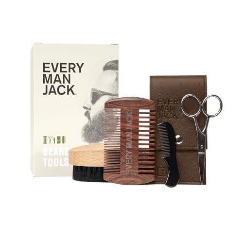 Every Man Jack Beard Grooming Tool Gift Set for Men ? Includes Dual-Tooth Comb, Beard Brush, Stainless Steel Shears & Mini Comb ? Travel Friendly & Perfect for Daily Maintenance