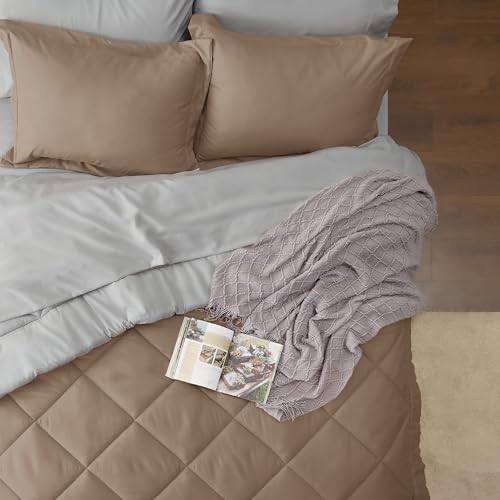 Bedsure Brown Twin Comforter Set - 5 Pieces Reversible Twin Bed in a Bag, Extra Long Twin Bed Set Brown and Grey with Comforters, Sheets, Pillowcase & Sham