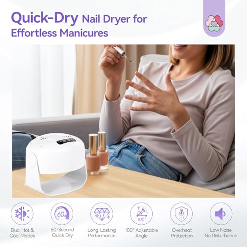 SAVILAND 600W Fast Nail Dryer: 6X Fast Drying Nail Polish Dryer for Regular Polish Nail Fan With Adjustable Angle Fingernail Dual Heating & Cooling Modes Dry Nail Dehydrator for Salon White