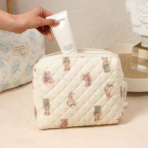 Quilted Cotton Makeup Bag 2Pcs Coquette Cosmetic Bag,Large Soft Floral Travel Toiletry Bag for Women and Girls (01Bear)