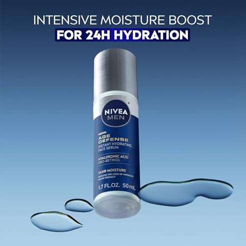NIVEA MEN Age Defense Instant Hydrating Face Serum for Dry Skin, With Pro-Retinol and Hyaluronic Acid, Facial Serum Helps Reduce Look of Fine Lines and Wrinkles, 1.7 Fl Oz Bottle