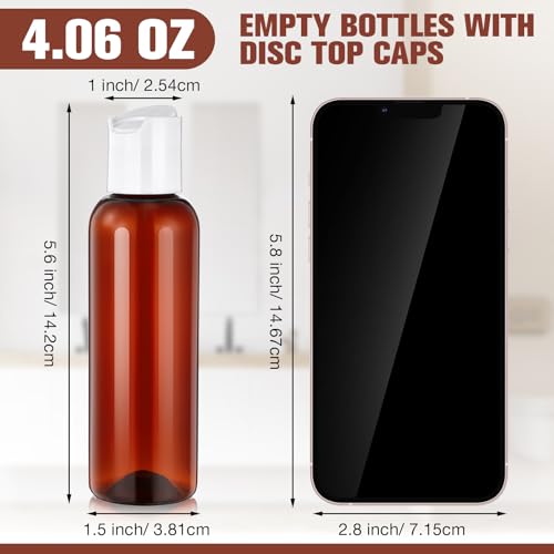 Mimorou 50 Pcs 4oz Plastic Squeeze Bottle with Disc Top Flip Cap Empty Amber Refillable Container Small Travel Toiletry Bottle for Lotion Shampoo Oil Body Soap Creams (Brown/White)