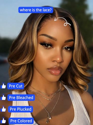 Ombre Brown Wavy Bob Wig 14 Inch with Blonde Face Framing Highlights Nadula 7x5 HD Lace Drawstring Human Hair — Pre-Plucked, Glueless, No Slip, Ready to Wear