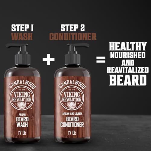 Viking Revolution Beard Wash Shampoo w/Argan & Jojoba Oils - Softens & Strengthens - Sandalwood Scent - 17 oz Shampoo