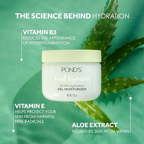 POND'S Fresh Hydration Gel Moisturizer ? 24 HR Hydration with Aloe Vera Extract,Vitamin E & B3 Niacinamide ? Alcohol & Oil-Free Face Moisturizer-? Dermatologist Tested,3.4 oz,(Pack of 2)