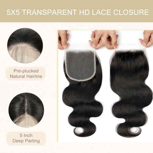 5x5 Transparent HD Lace Closure Human Hair Invisible HD Lace Closure Pre-plucked Virgin Human Hair Natural Black with Baby Hair(12Inch,Body Wave)