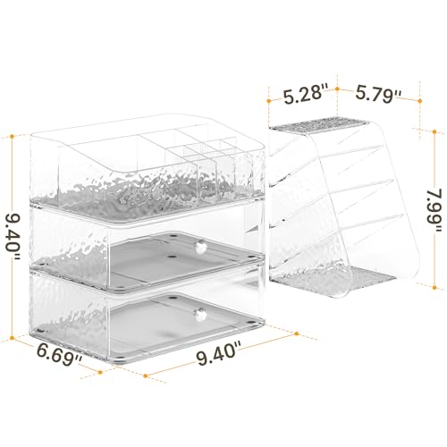 Makeup Organizer with Brush Holder Plastic Makeup Drawers For Vanity Clear Stackable Storage Case Makeup Organizer For Skincare, Brushes, Lipstick, Nail Polishes, Perfumes, Eyeshadow Palettes