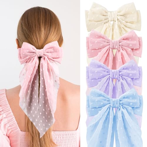 Large Hair Bows for Women,CEELGON 4 PCS Big Bow Clips for Girls French Barrette Bowknot with Long Tail for Women(Beige, Light Pink,Light Purple,Blue)