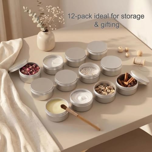 12 Pack 2oz Round Refillable Aluminum Tins with Screw Lids