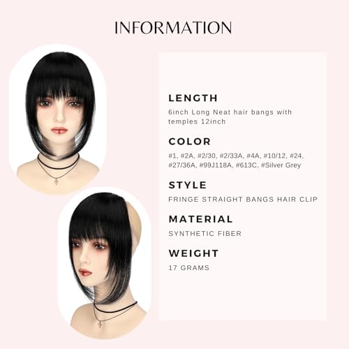 VAVANGA Clip-In French Bangs for Women - Long Wispy Fringe, Jet Black