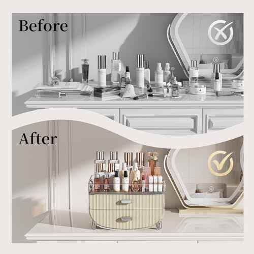 LAMU Makeup Organizer With 2 Drawers, Bathroom Storage With Four Non-Slip Feet And Dust-Proof, Simple And Stylish For Desktop, Vanity, Bathroom Countertops, White, Ideal Christmas Gifts for Girls