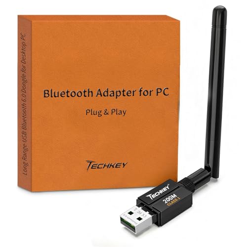 Techkey USB Bluetooth 6.0 Adapter Black - Long Range 600ft Wireless Dongle for PC & Laptop