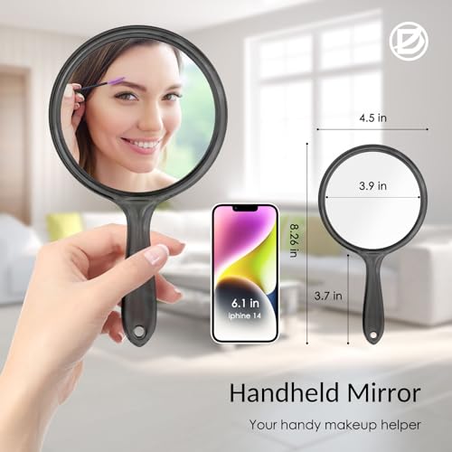 D Handheld Double Sided Makeup Mirror with Handle - Black, 8.2x4.5 inches, 1X & 2X Magnification, Travel Portable