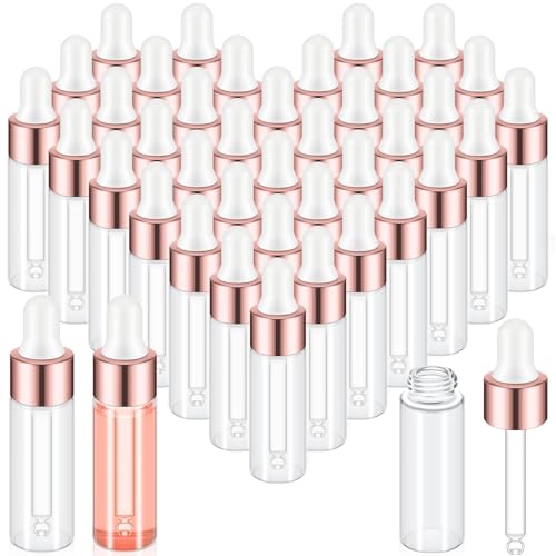 100 Pcs Mini Glass Oil Dropper Bottle Bulk, Clear Essential Small Empty Bottles Sample Containers Perfume Liquid Vials with Cap for Traveling (5 ml,Rose Gold)