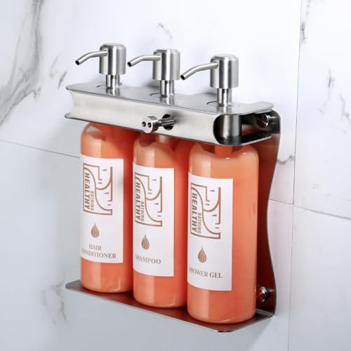Brushed Silver Shampoo, Conditioner, Body Wash Dispenser Eco-Friendly 3 Compartment Refillable Shampoo and Conditioner Pump Bottle, Wall Mounted Slot Shower Soap Dispenser (KCLS-3)