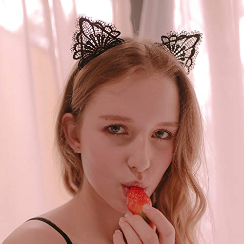 Cat Ears Headband Lace Cat Hairband Flower Christmas Hair Bands Women Girls Kids Hair Hoop Kitten Headdress Headwear Headpiece Party Decoration Cosplay Costume Cute Handmade Hair Accessories 2 Pack