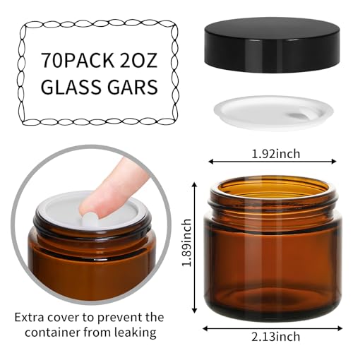 2oz Amber Glass Jars with Black Lids (70 Pack)