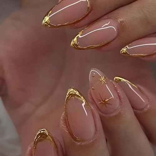 Press on Nails Almond Fake Nails with Gold Line Design Glue on Nails Acrylic Nails Glossy Full Cover Stick on Nails for Women 24Pcs