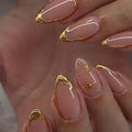 Foccna Almond Press-On Nails with Gold Line Design, 24 Pcs (Variation: Nails 4) Glossy Full Cover Glue-On Nails