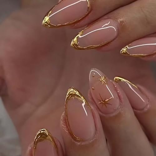 Foccna Almond Press-On Nails with Gold Line Design, 24 Pcs (Variation: Nails 4) Glossy Full Cover Glue-On Nails