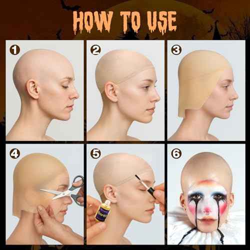Bald Cap Halloween Makeup Kit for Woman Man, Professional Complete Bald Cap Character Set for Cosplay,Sfx Halloween Makeup Costumes Party Theater look-with Instruction, Realistic Bald Cap Kits