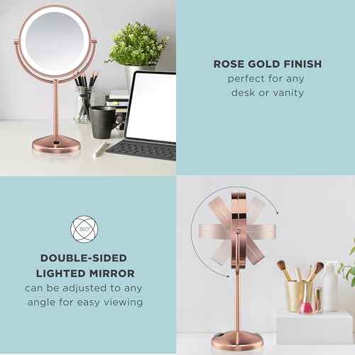 Conair Lighted Makeup Mirror, LED Vanity Mirror, 1X/10X Magnifying Mirror, Double Sided, Battery Operated in Rose Gold