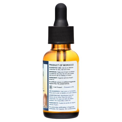 De La Cruz 100% Argan Oil of Morocco - Pure Cold-Pressed Virgin Moroccan Argan Oil for Hair and Skin - 1 FL OZ