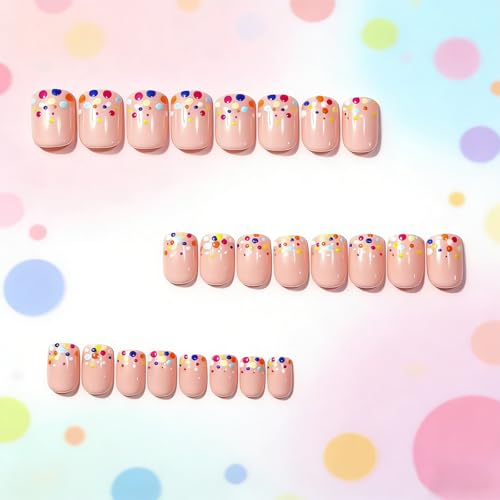 Colorful Polka Dot Press On Nails Short Square – GCSQW 24Pcs Reusable French Dots Design