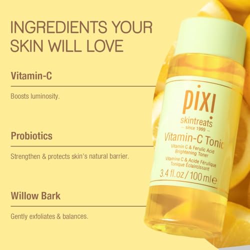 Pixi Vitamin-C Tonic,Brightening & Soothing Facial Toner, Boost Skin Luminosity, Infused with Vitamin-C & Ferulic Acid, Alcohol Free Daily Toner, 100ml / 3.4fl oz Travel Size Skin Care