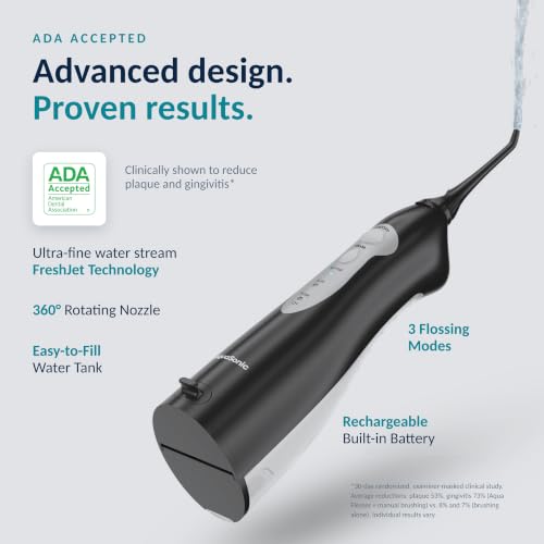 Aquasonic Black Water Flosser with 5 Tips, ADA Accepted, Cordless & Waterproof
