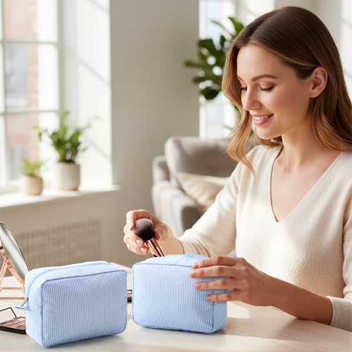 Sanwuta 9 Seersucker Cosmetic Bag Bulk Pinstripe Makeup Bag for Women Aesthetic Cute Travel Toiletry Organizer Preppy Storage Pouch for Wedding Bridesmaid Christmas Gift (Large,Blue)