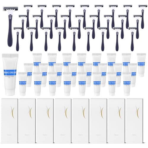 Hushee Shave Kit Bulk Travel Shaving Cream Disposable Twin Blade Razors and Cream Individually Wrapped Smooth Razor with Clear Cap Toiletries for Hotel Shelter Camping Travel Homeless (100 Pack)