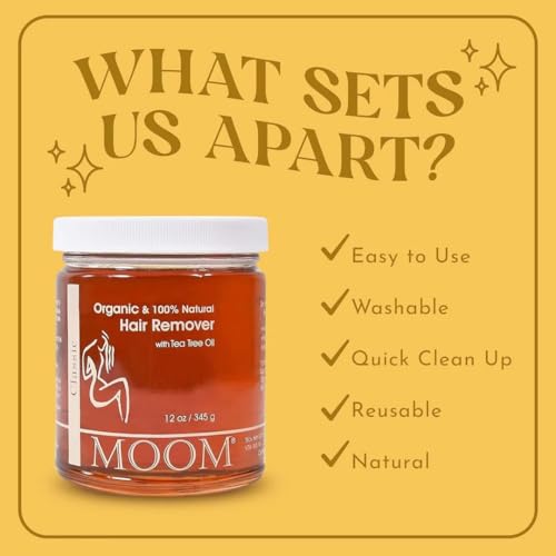 MOOM Organic Sugar Wax with Tea Tree Oil (12 oz) + 48 Reusable Polycotton Waxing Strips ? Gentle Hair Removal Kit for Face, Bikini, Legs & Body ? Natural & Vegan for Women & Men (Sticks NOT Included)
