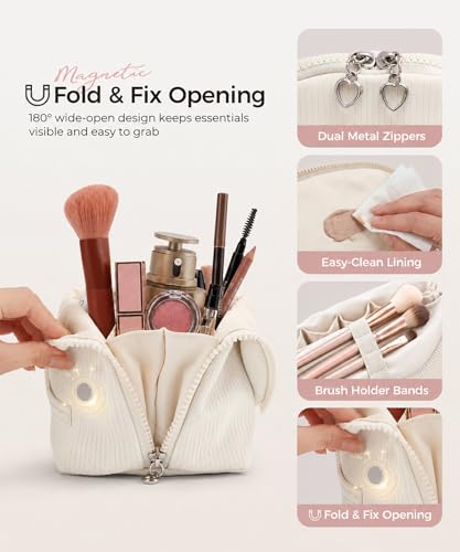 EPEDAL24 Off-white Travel Makeup Bag with Magnetic Fold-Down Shell Shape