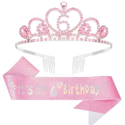 CIEHER 6th Birthday Decorations for Girls - 6th Birthday Crown and Sash with Pearl Pin Set - Pink